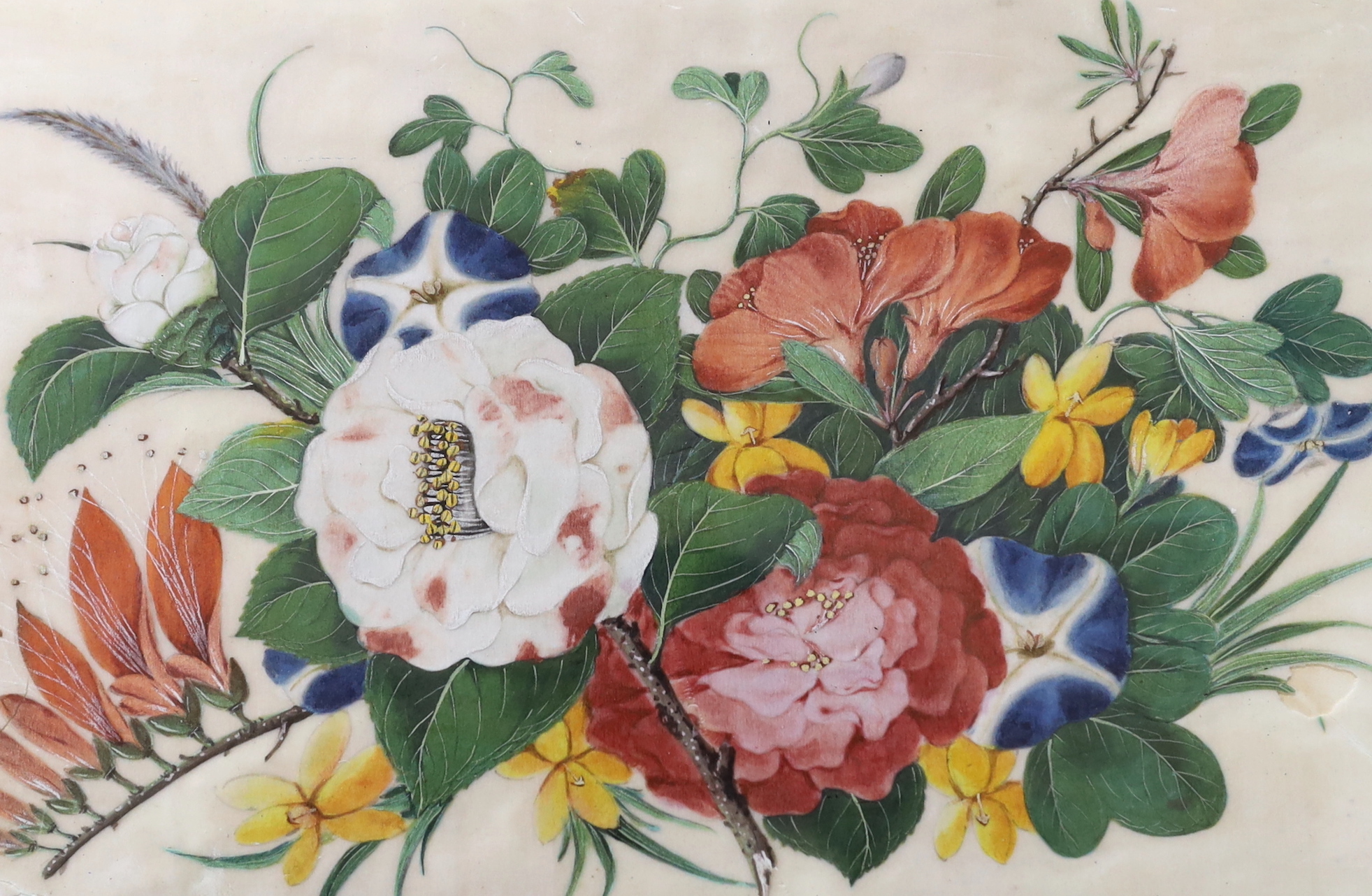 A pair of Chinese pith paper paintings, still life’s of flowers, 17 x 27cm